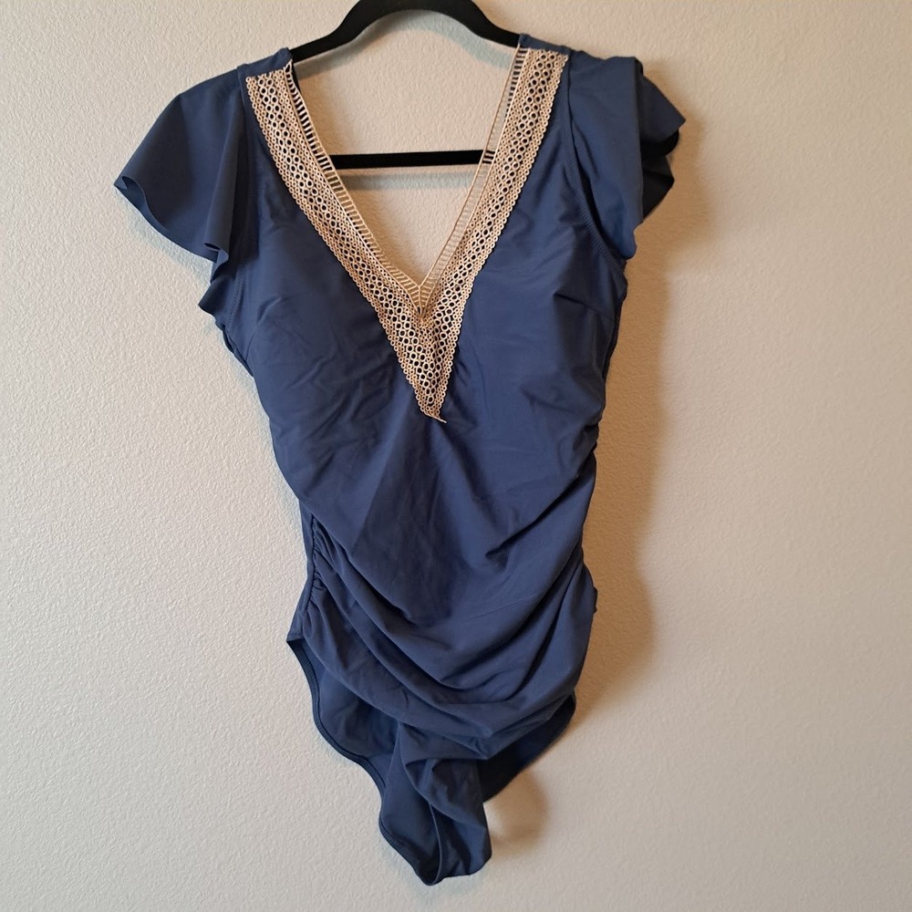 B One Piece Swimsuit Blue Flutter Sleeve Crochet Lace V-Neck Ruched Size L